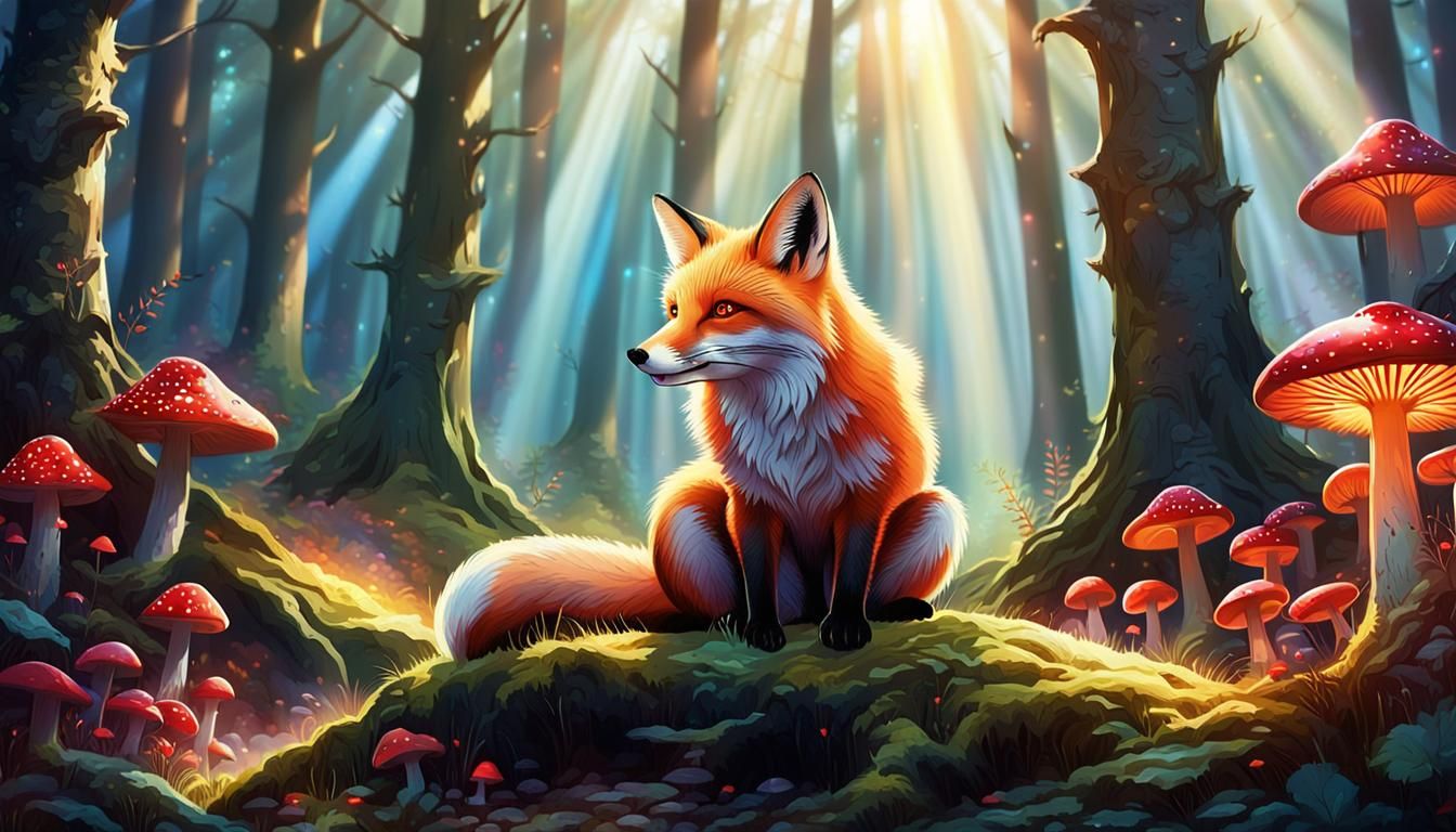 Fox in Colourful Forest with Sunlight