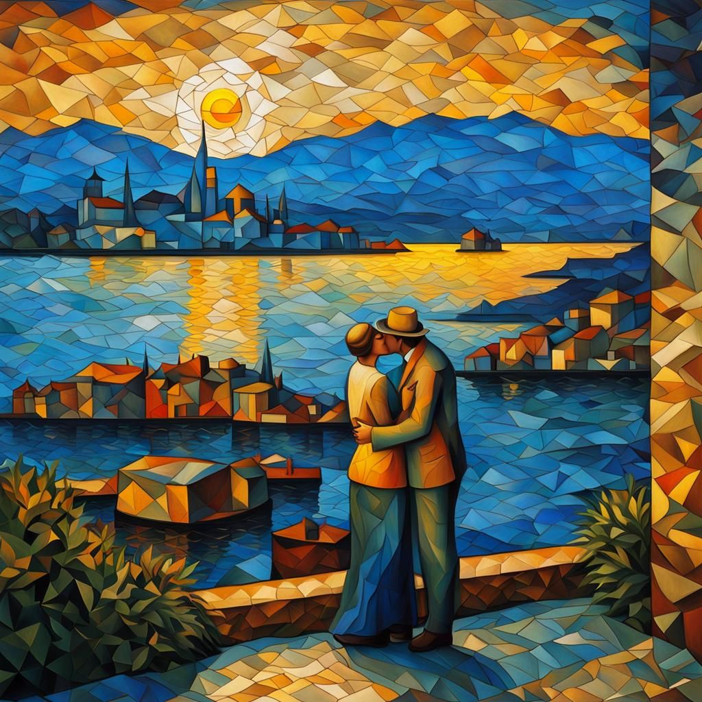 Couple Kissing at Sunset in Cubist Style