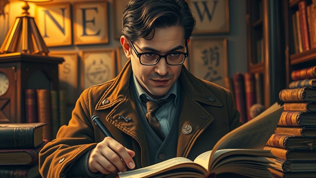 Scholar Unravels Ancient Secrets in Warm, Golden Ambiance