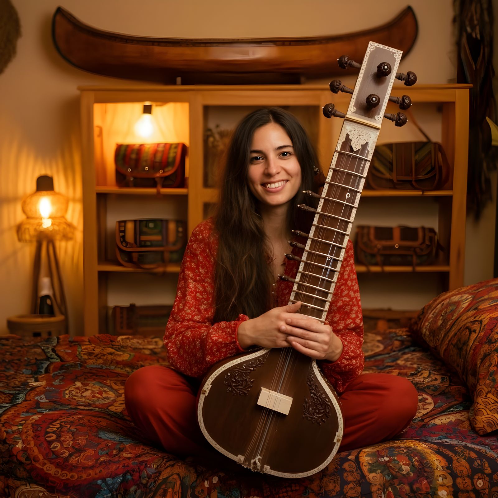 Young Woman Plays Sitar in Warm and Inviting Setting