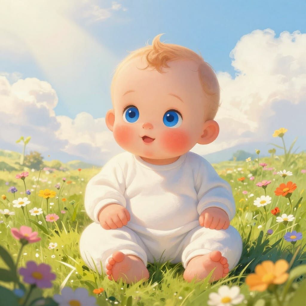 Whimsical Giant Baby in Wildflower Meadow