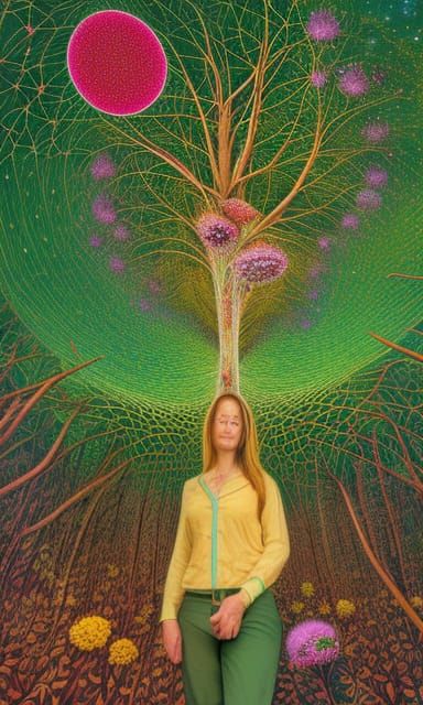 Woman-Tree Hybrid on Stargazing Platform in Dreamlike Style