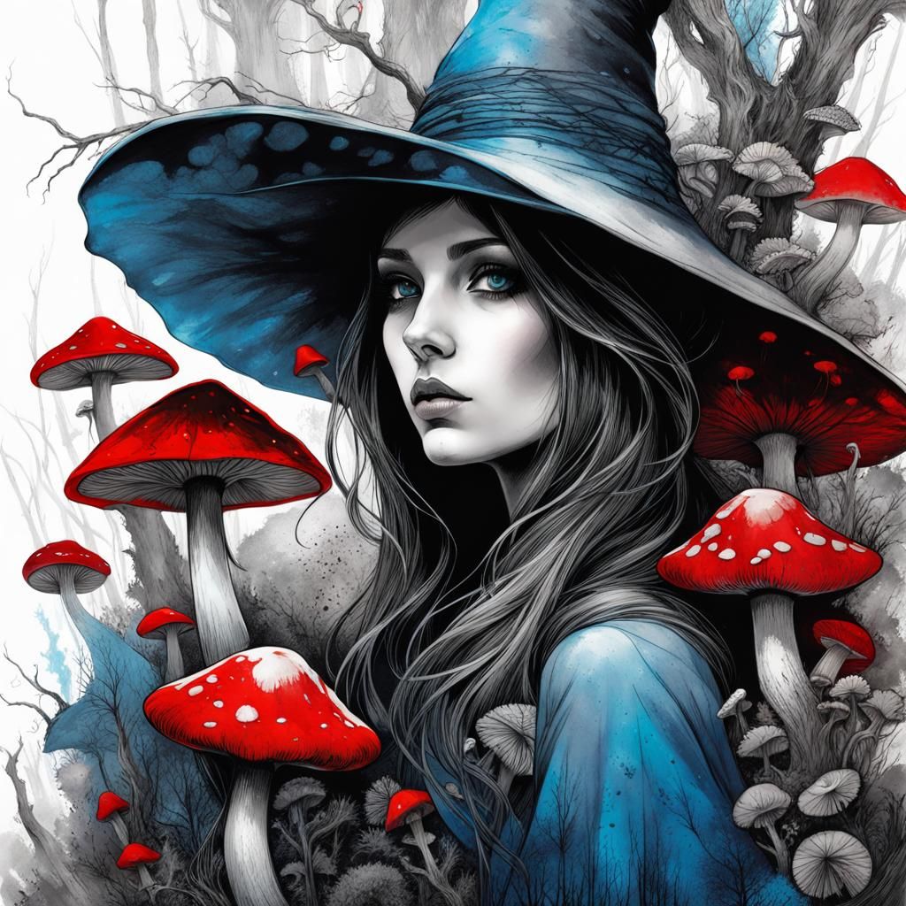 Grayscale Witch in Mushroom Forest with Color Accents