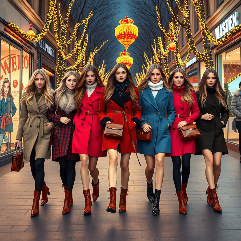 Elegant Models Stroll Down Festive Christmas Street