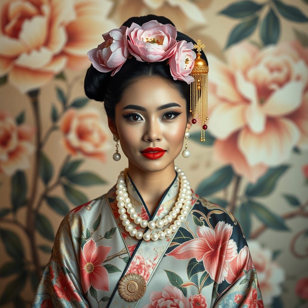 Indonesian Muse in Kimono with Floral Motifs