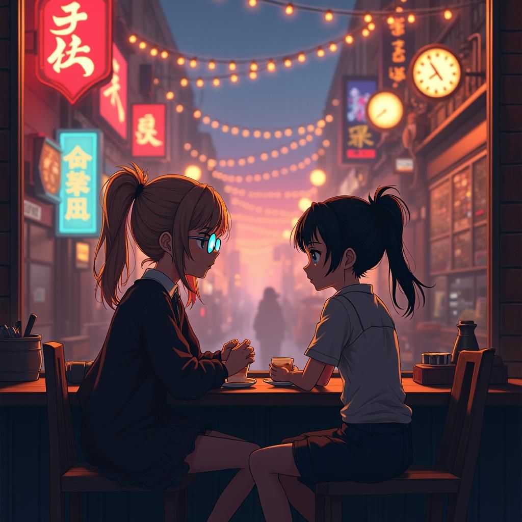 Anime Girl and Boy in Steampunk Coffee Shop