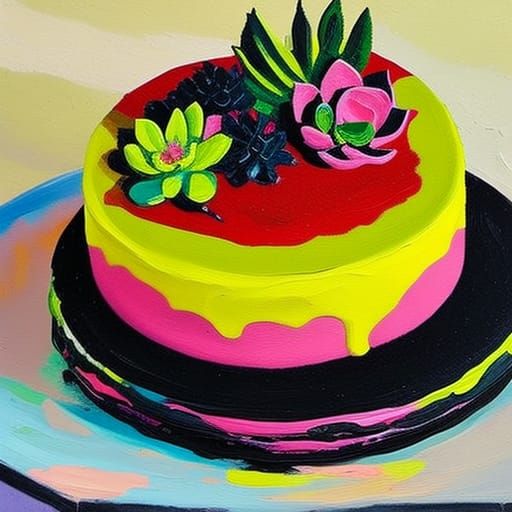 Black Cake with Fondant and Succulents, Impasto Painting