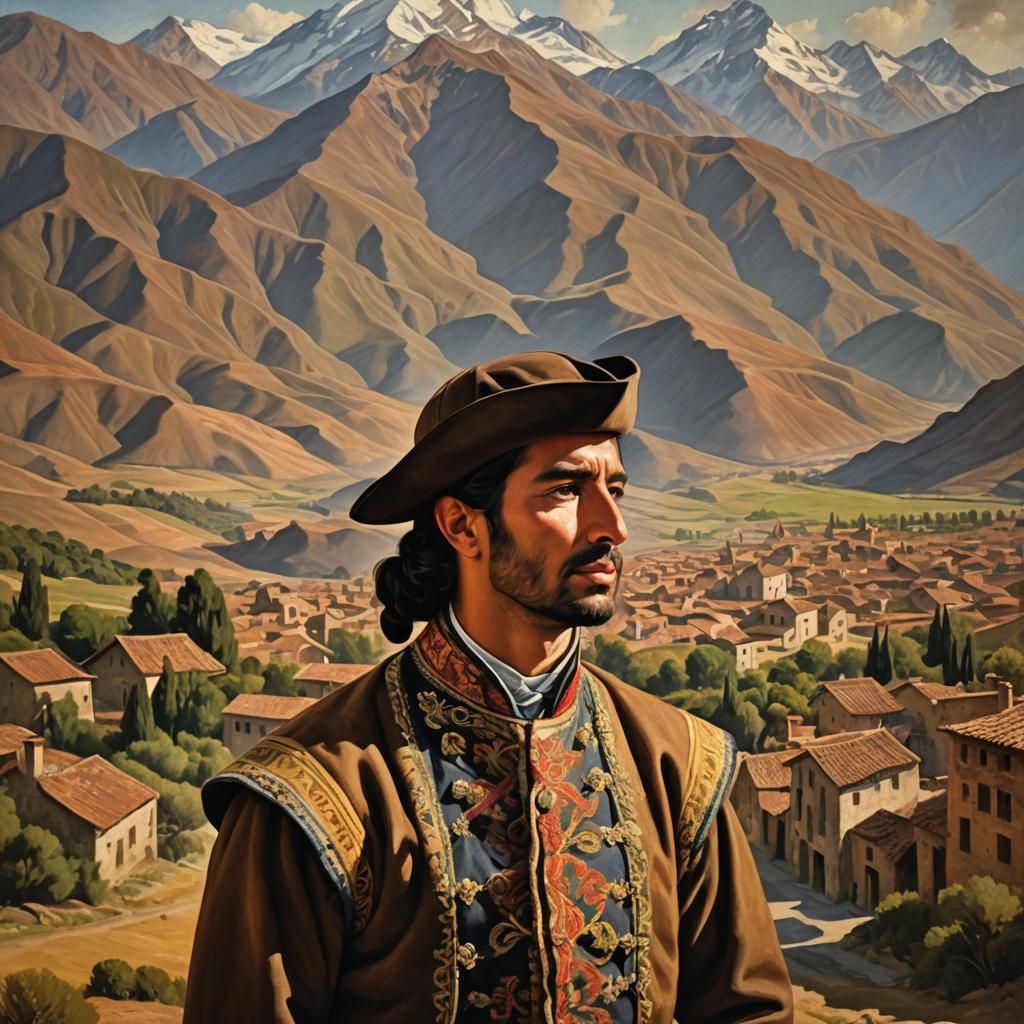 Chilean Man in Colonial Outfit with Andes Backdrop