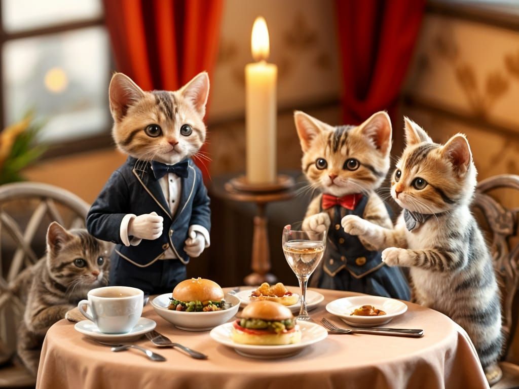 Kitten Waiter Serves Feline Friends in Elegant 3D Anime Sett...