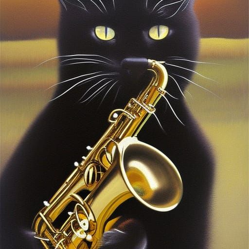Black Cat Plays Saxophone in Oil Painting Style