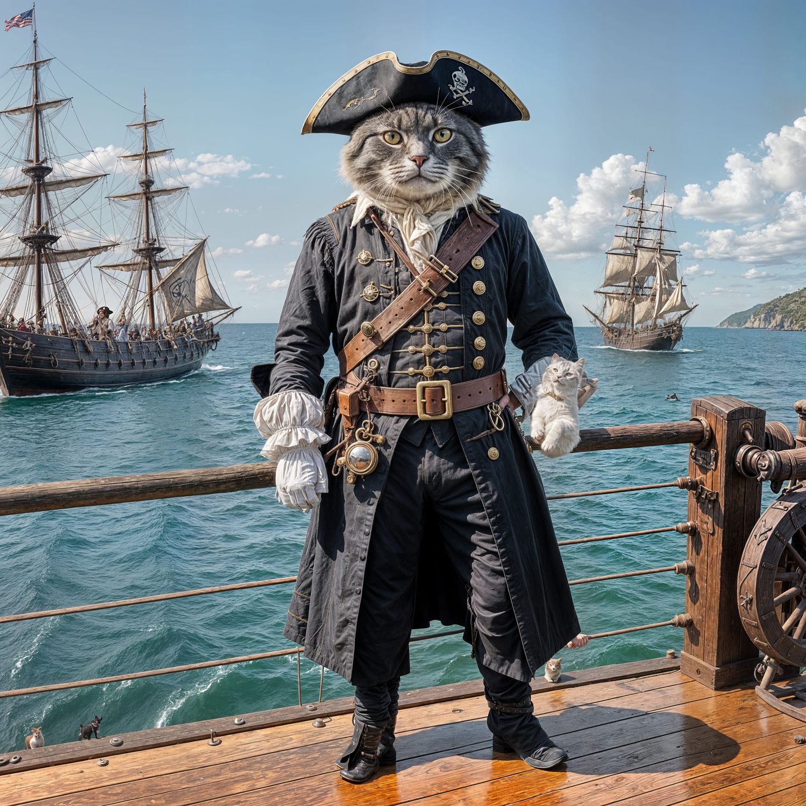 Feline Pirate Captain at the Helm of 18th Century Vessel