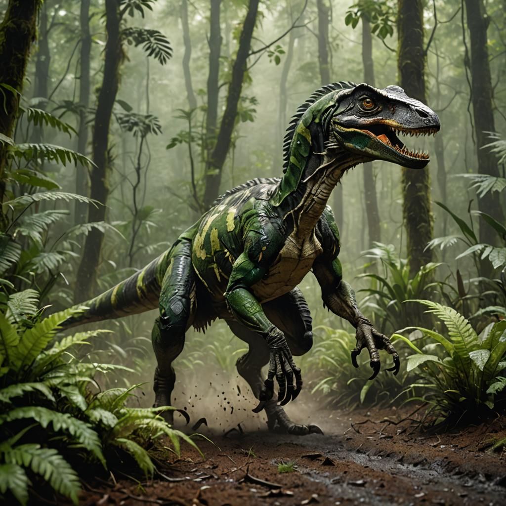Velociraptor Hunt in Misty Forest: Wildlife Photography