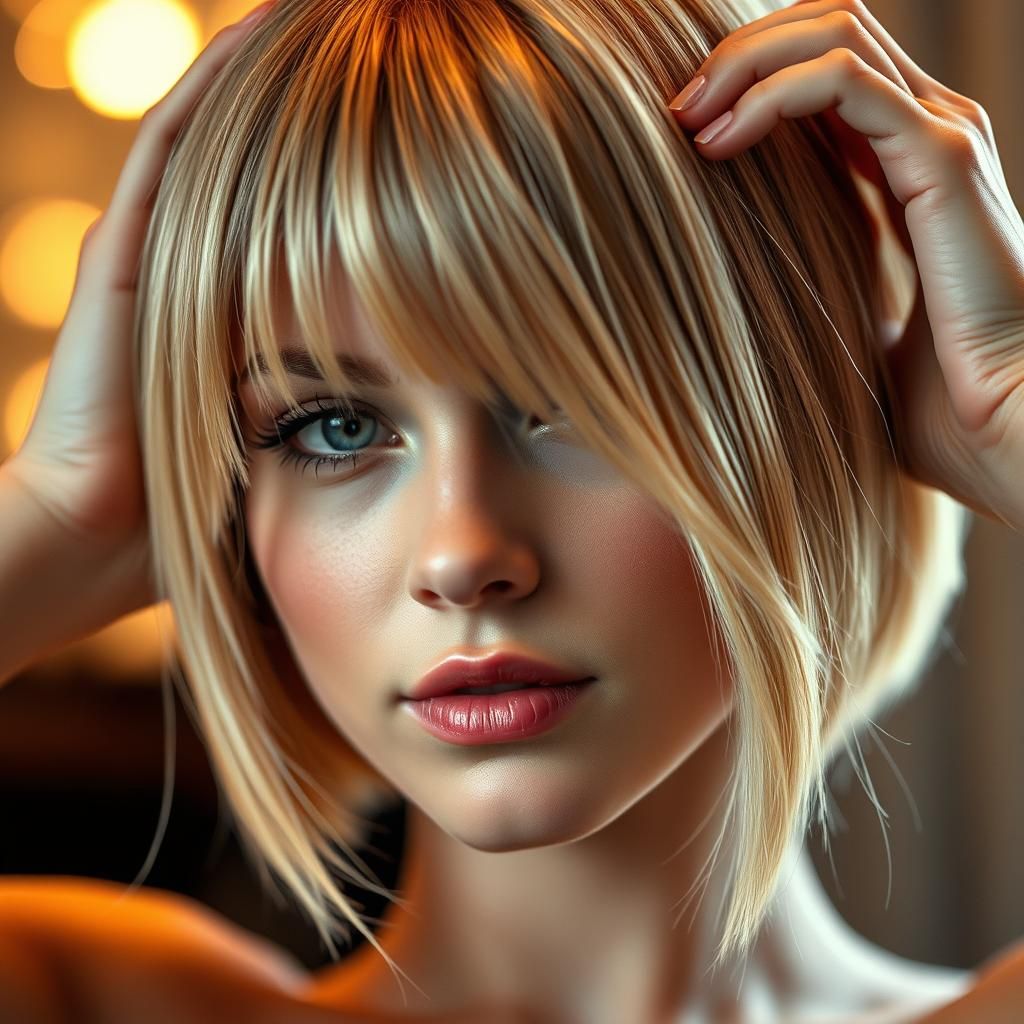 Blonde Woman's Photorealistic Portrait with Short Bob