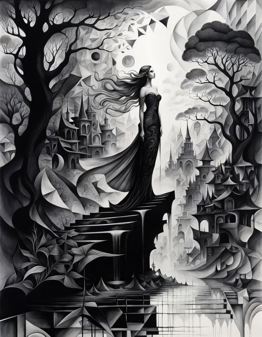 Ethereal Fantasy Landscape in Cubist Black Ink