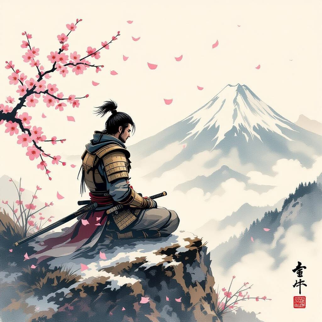 Meditating Samurai Warrior in Sumi-e Style