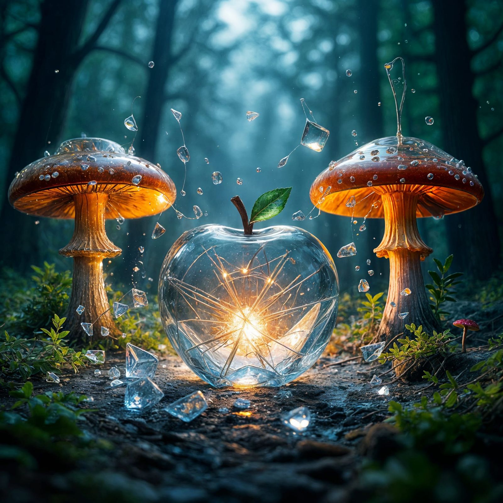 Shattering Crystal Apple in Glowing Forest