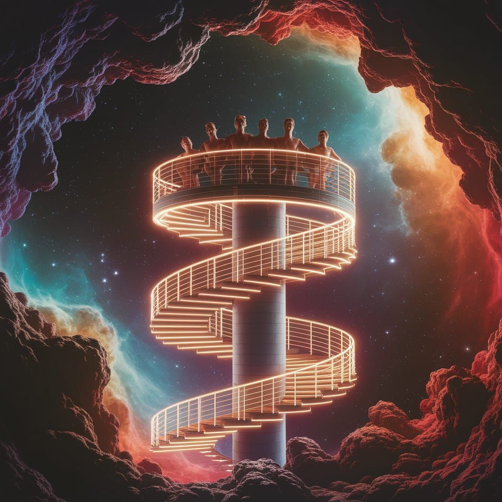 Surreal Sauna with Neon Staircase in Nebula