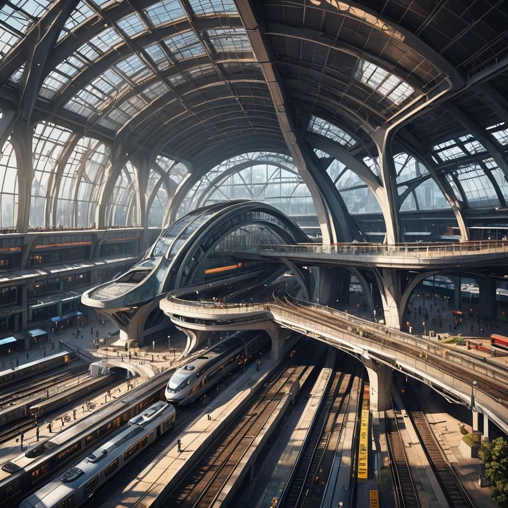Modern Railway Station with Glass and Steel Design