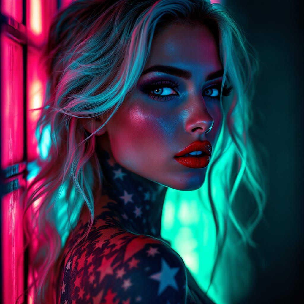 American Siren with Flag Tattoos in High Fashion