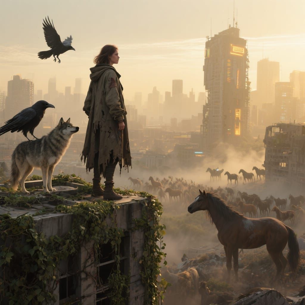 Post-Apocalyptic Cityscape with Woman and Wildlife