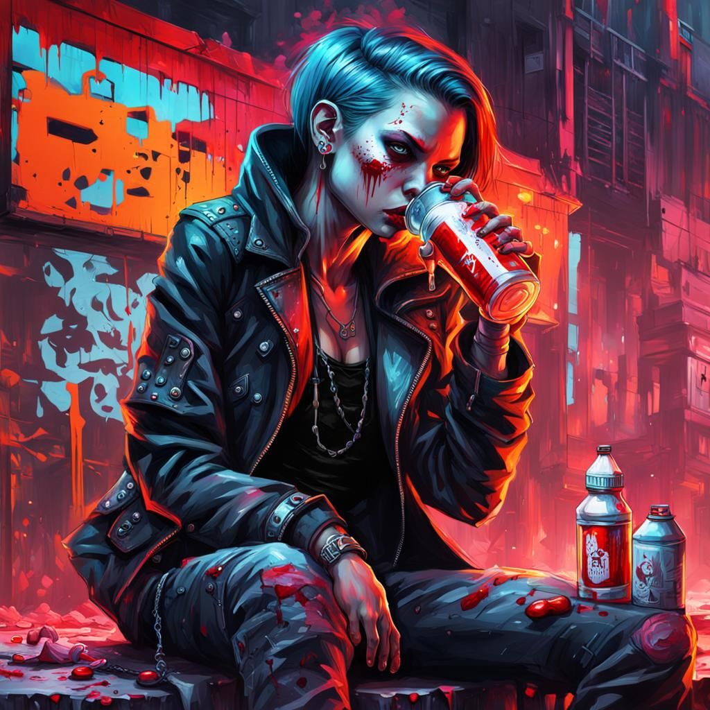 Cyberpunk Vampire Drinking Blood in Graffiti Art Style