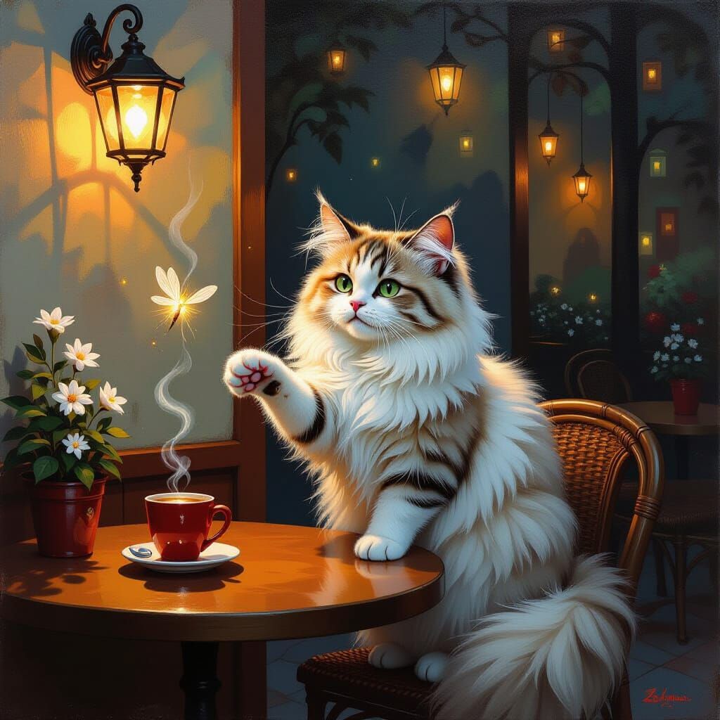 Moonlight Cat Plays with Firefly in Dim Cafe