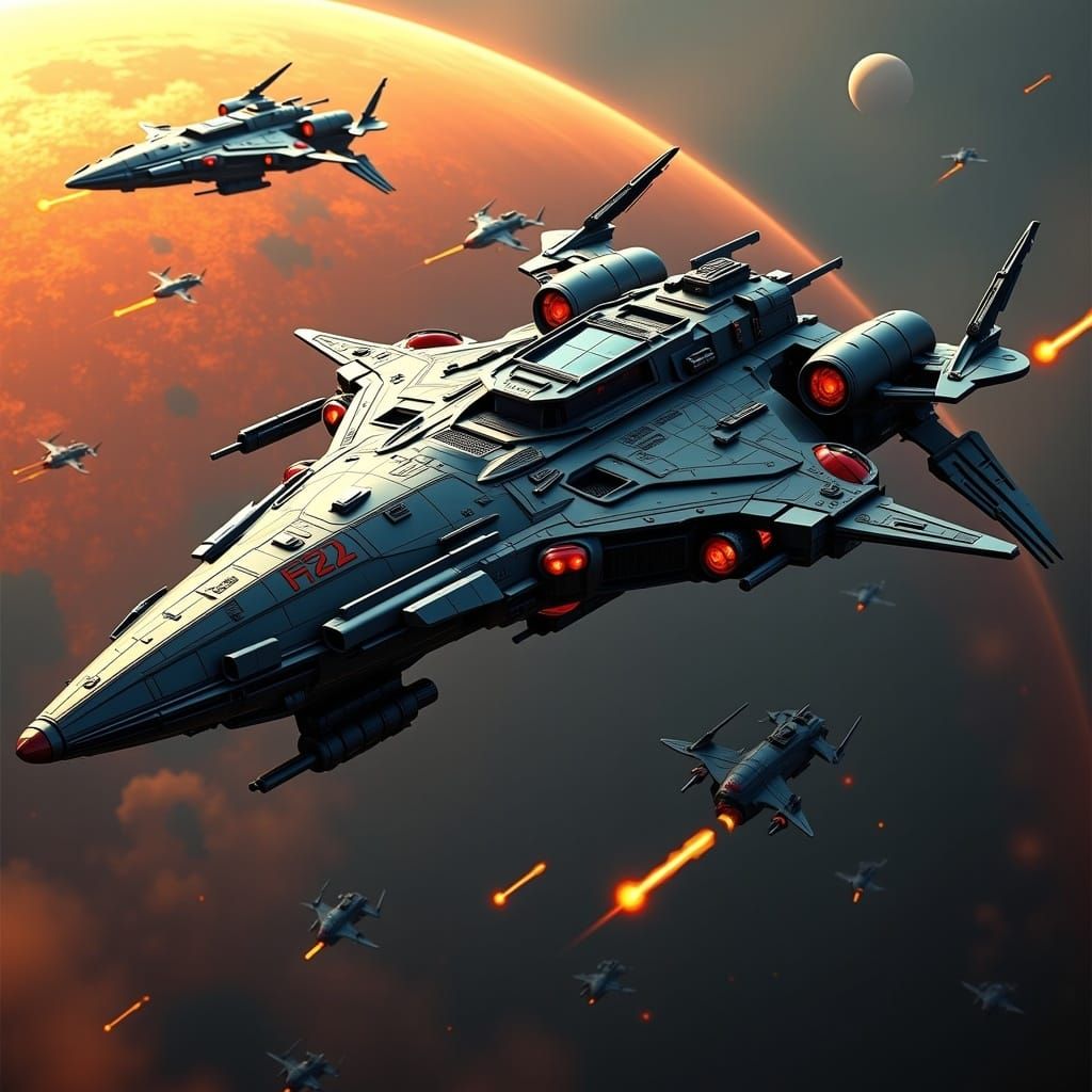 Colossal Spaceship Orbiting Ringed Planet in Retro Sci-Fi St...