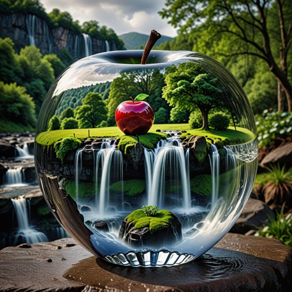 Glass Landscape within a Glass Apple: Hyperrealistic Waterfa...