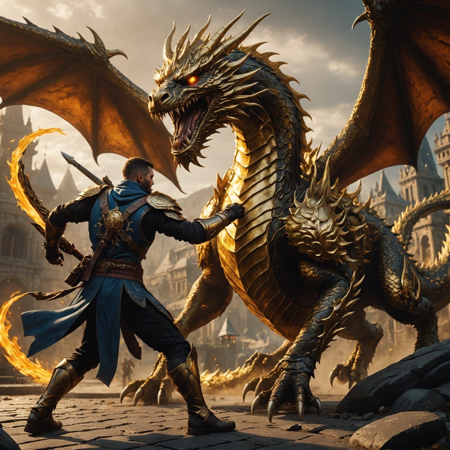 Golden Assassin Battles Dragon: Fantasy Concept Art