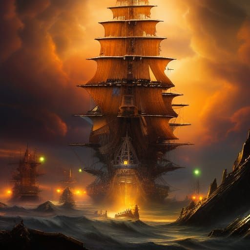 Steampunk Skyship Concept Art in Night Sky