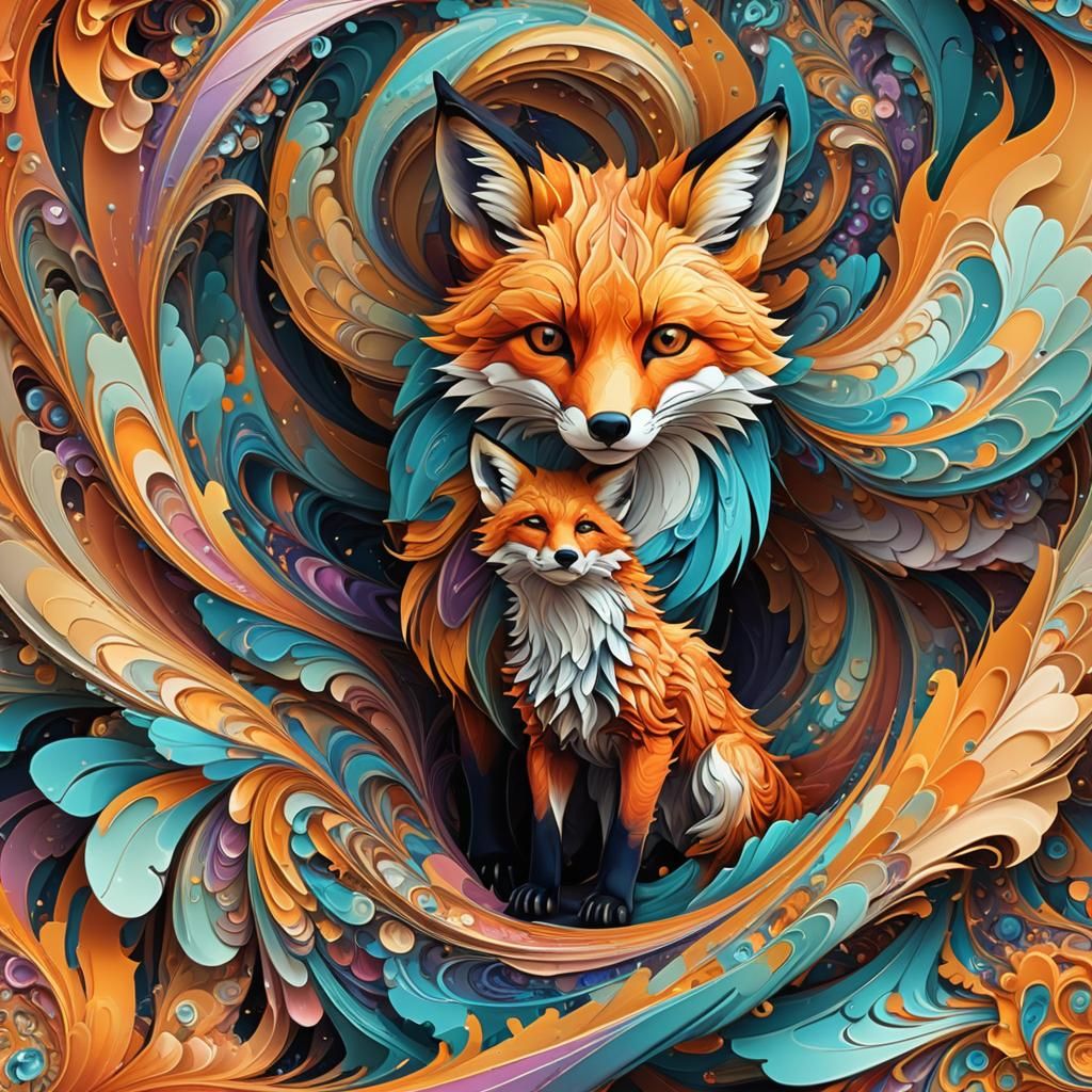 Fox and Cub in Vibrant Glitch Art Vortex