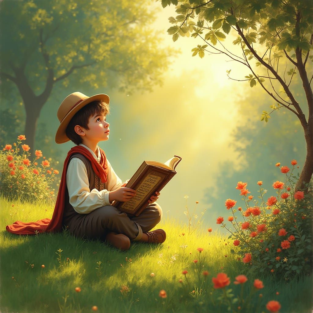 Boy Reading Book in Lush Impressionistic Garden