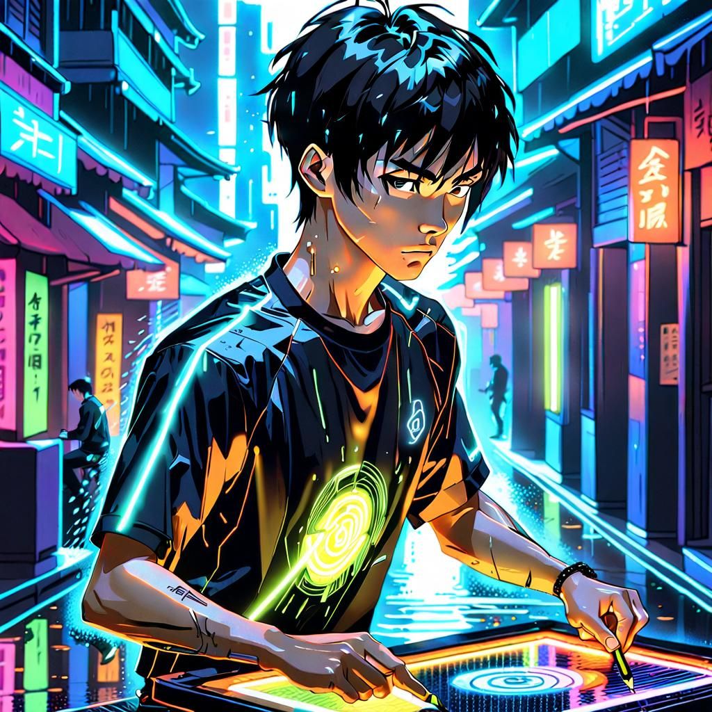 Cyberpunk Anime Man Spins Glowing Pencil