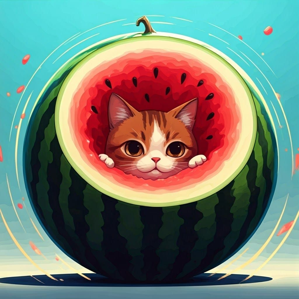 Whimsical Anime Watermelon Cat in Vibrant Colors