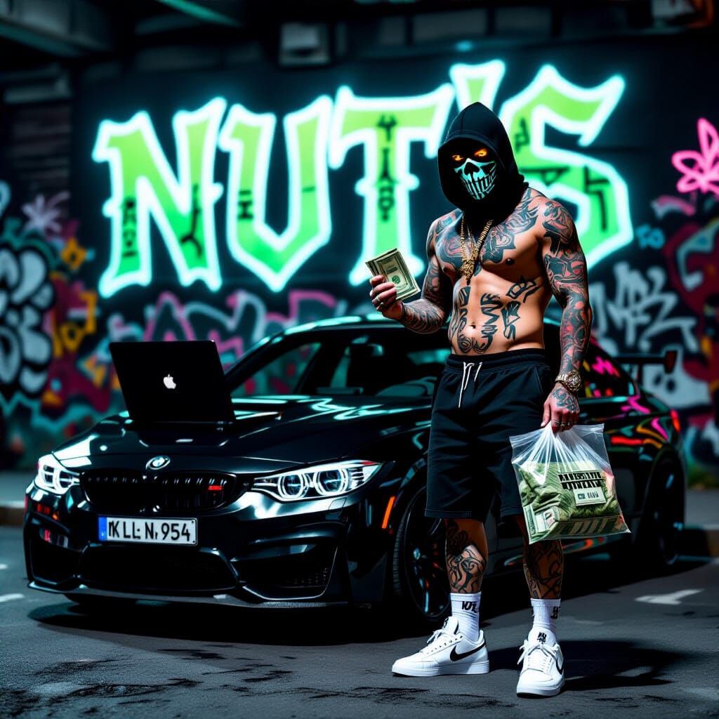 Cyberpunk Runes Tattoo Man With BMW And Kali Linux