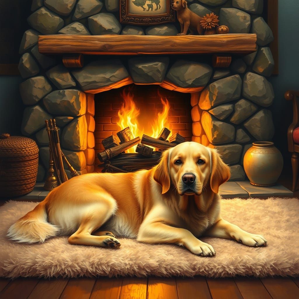 Golden Retriever in Cozy Fireplace Scene