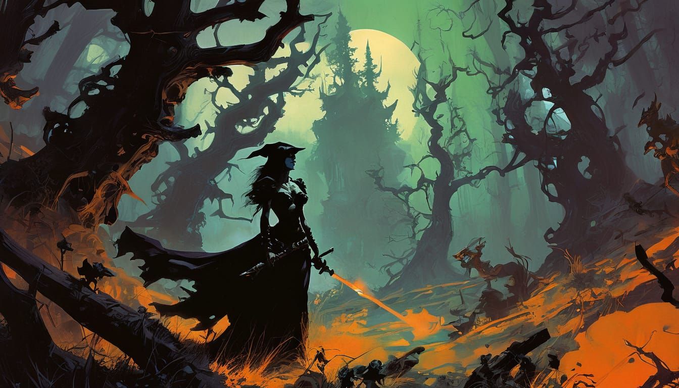 Dark Witch in Enchanted Forest, Frazetta Style