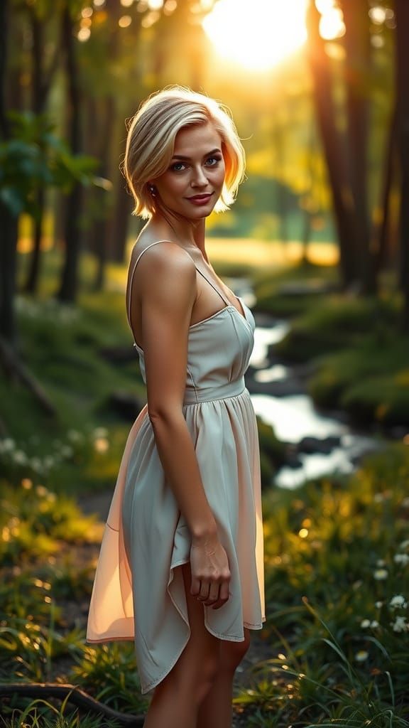 Blonde Woman in Forest Clearing, Golden Hour Photography