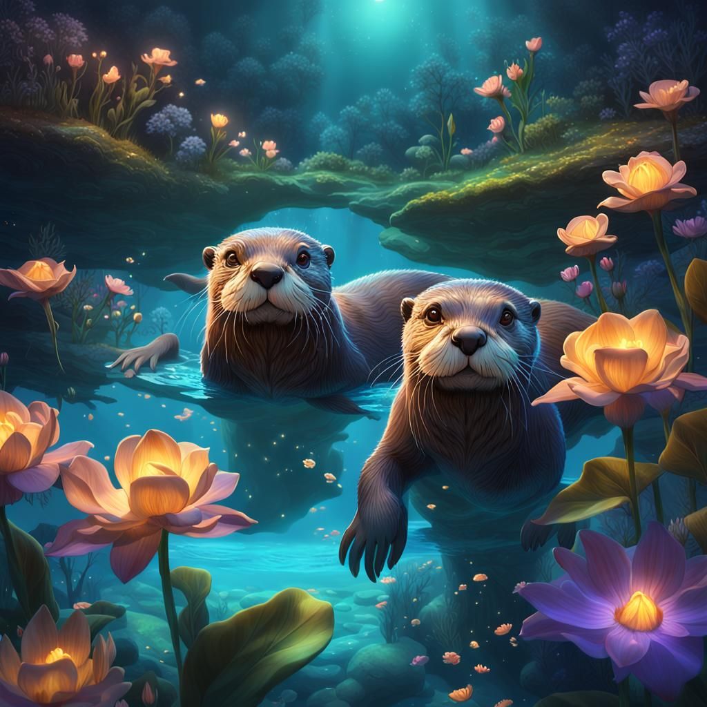 Fairytale River: Underwater Otters in Luminescent Light