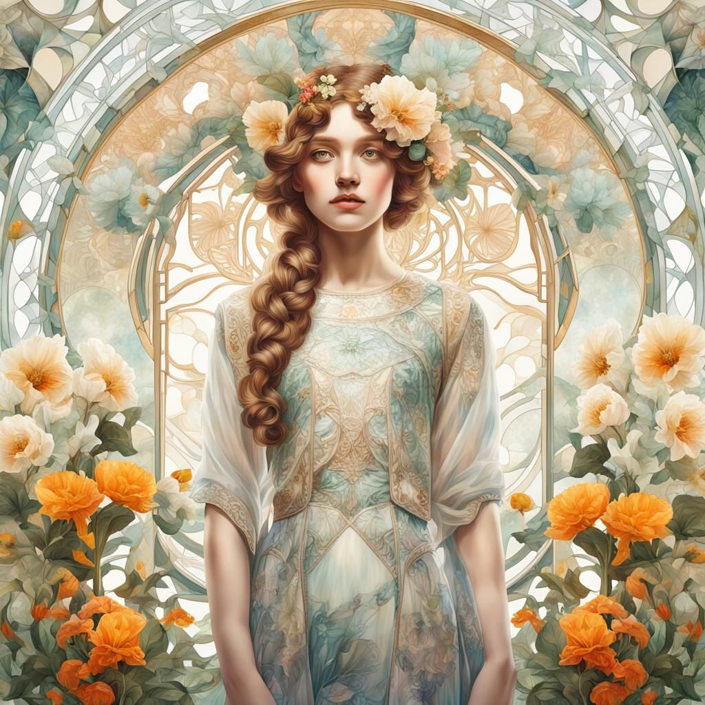 Art Nouveau Portrait of Girl with Flowers