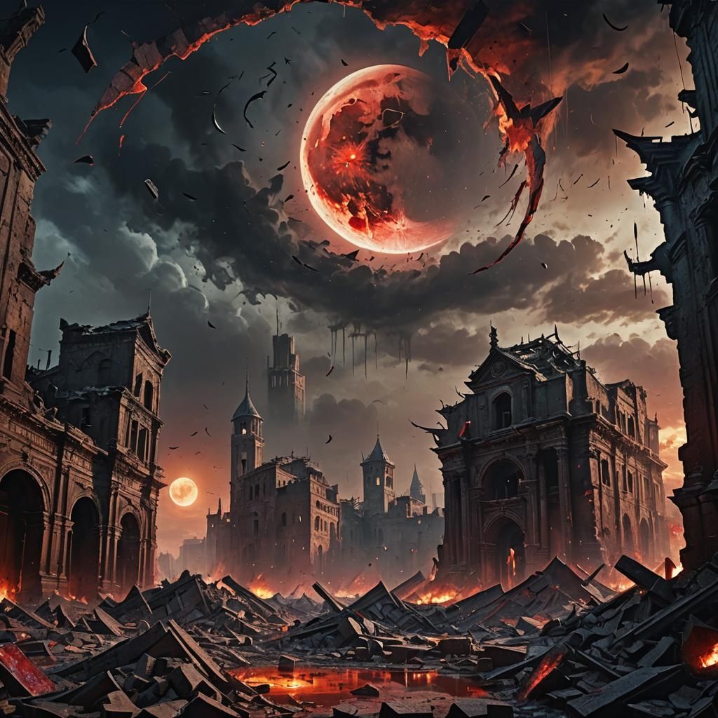 Shattered Bloody Moon Over Mystical City