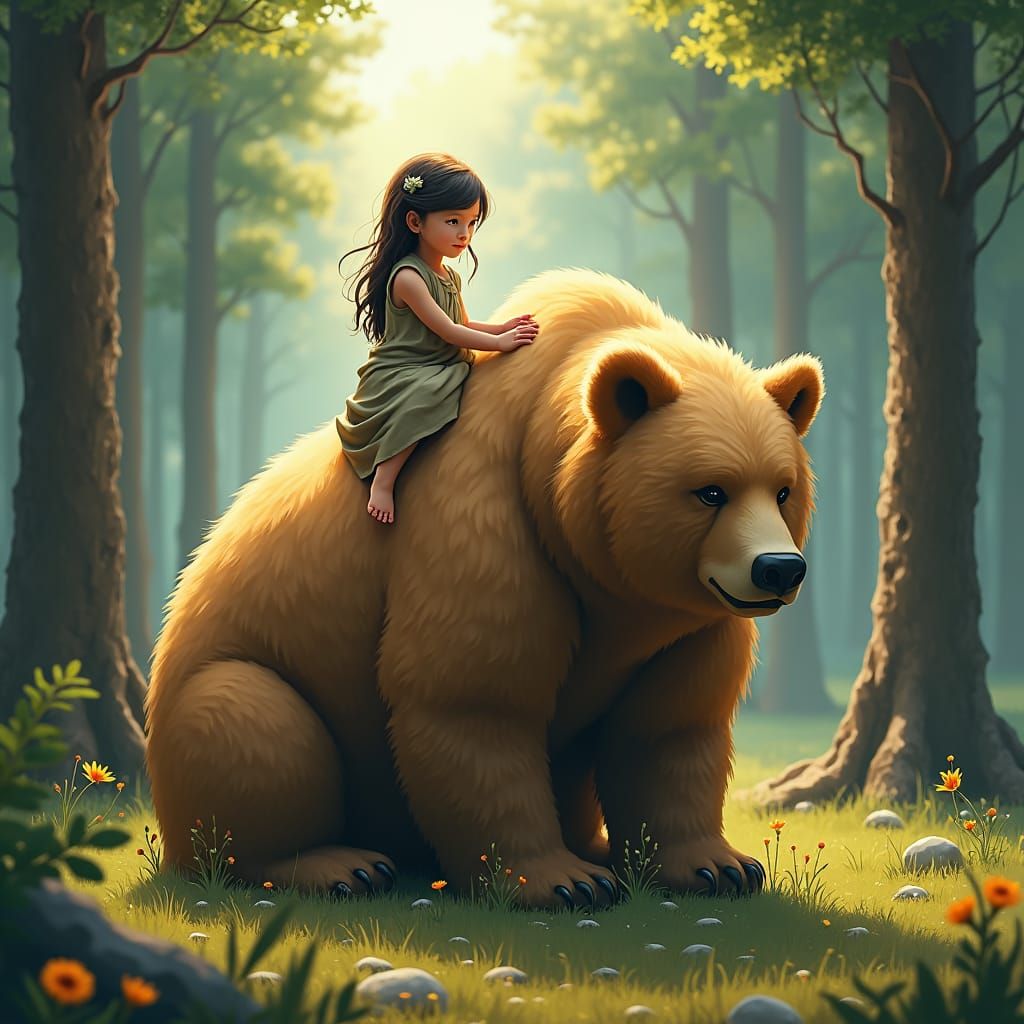 Child and Bear in Harmony, Fantasy Concept Art