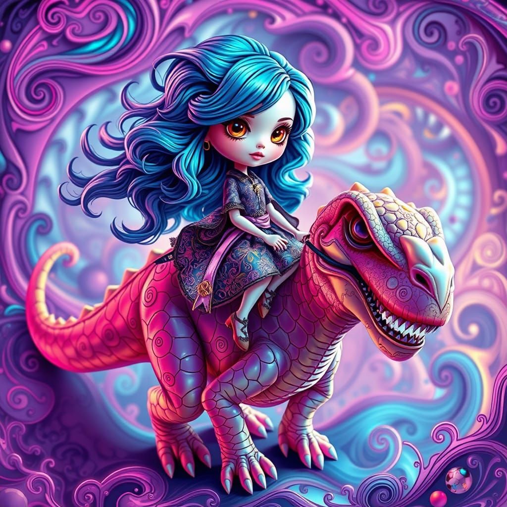 Blythe Doll Rides a Vibrant Dinosaur in Whimsical, Neon-Lit...