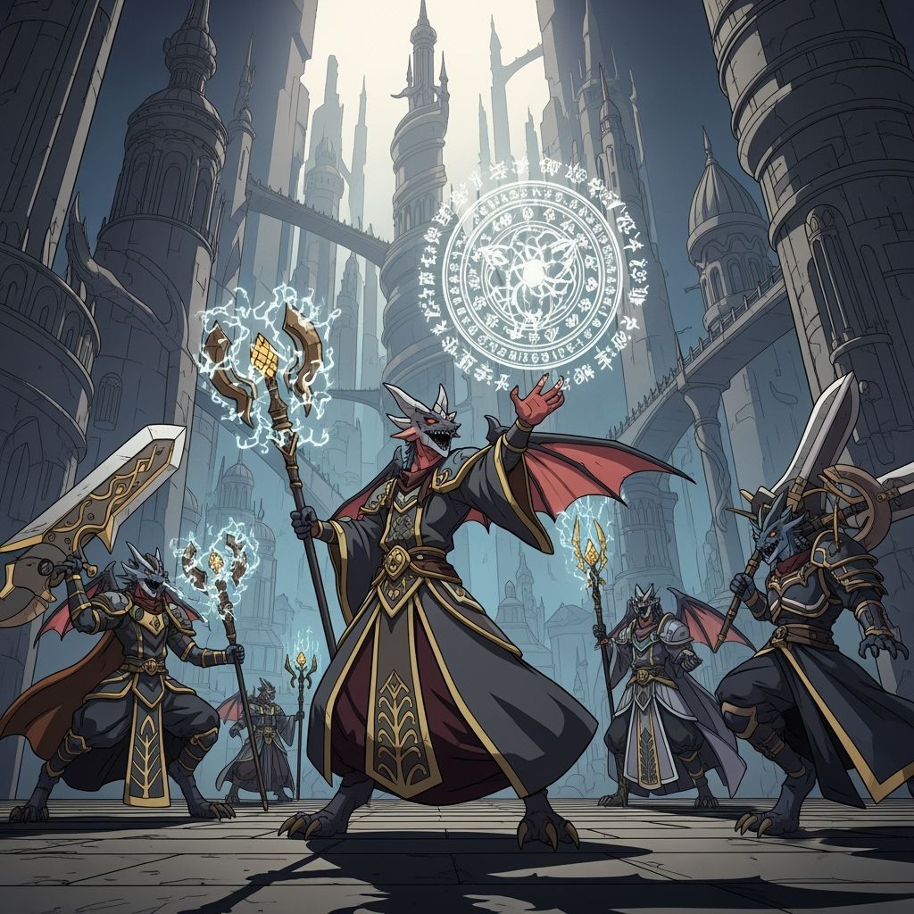 Draconic Humanoids in Grand City, Manga Style