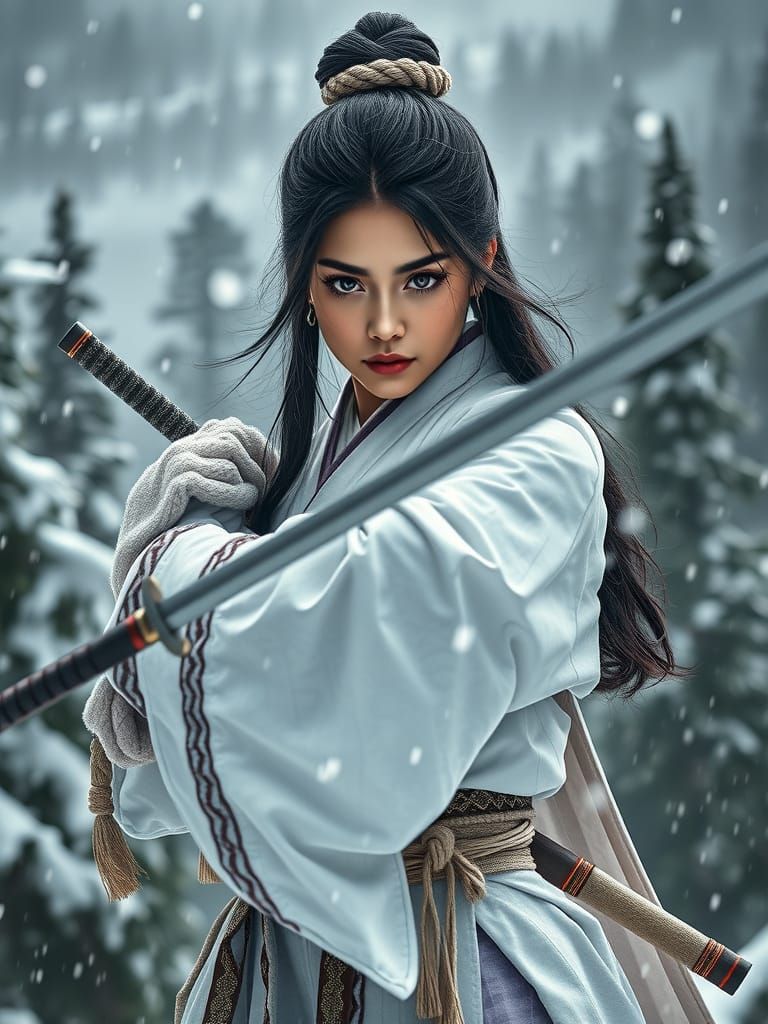 Japanese Warrior Woman in Winter Forest, Hyperrealistic Digi...