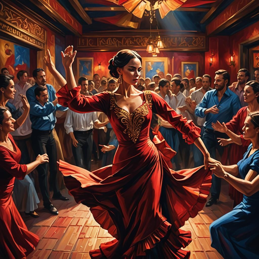 Flamenco Dancer in Crowded Club, Vibrant Oil Painting