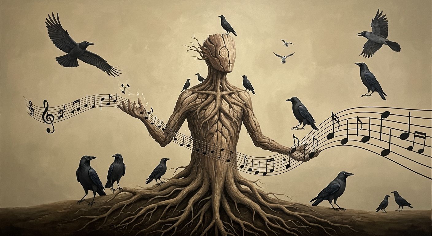 Nature Figure Creates Music Amidst Crows and Birds