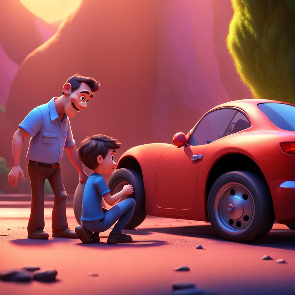 Grateful Man and Boy Changing Tire: Pixar-Style