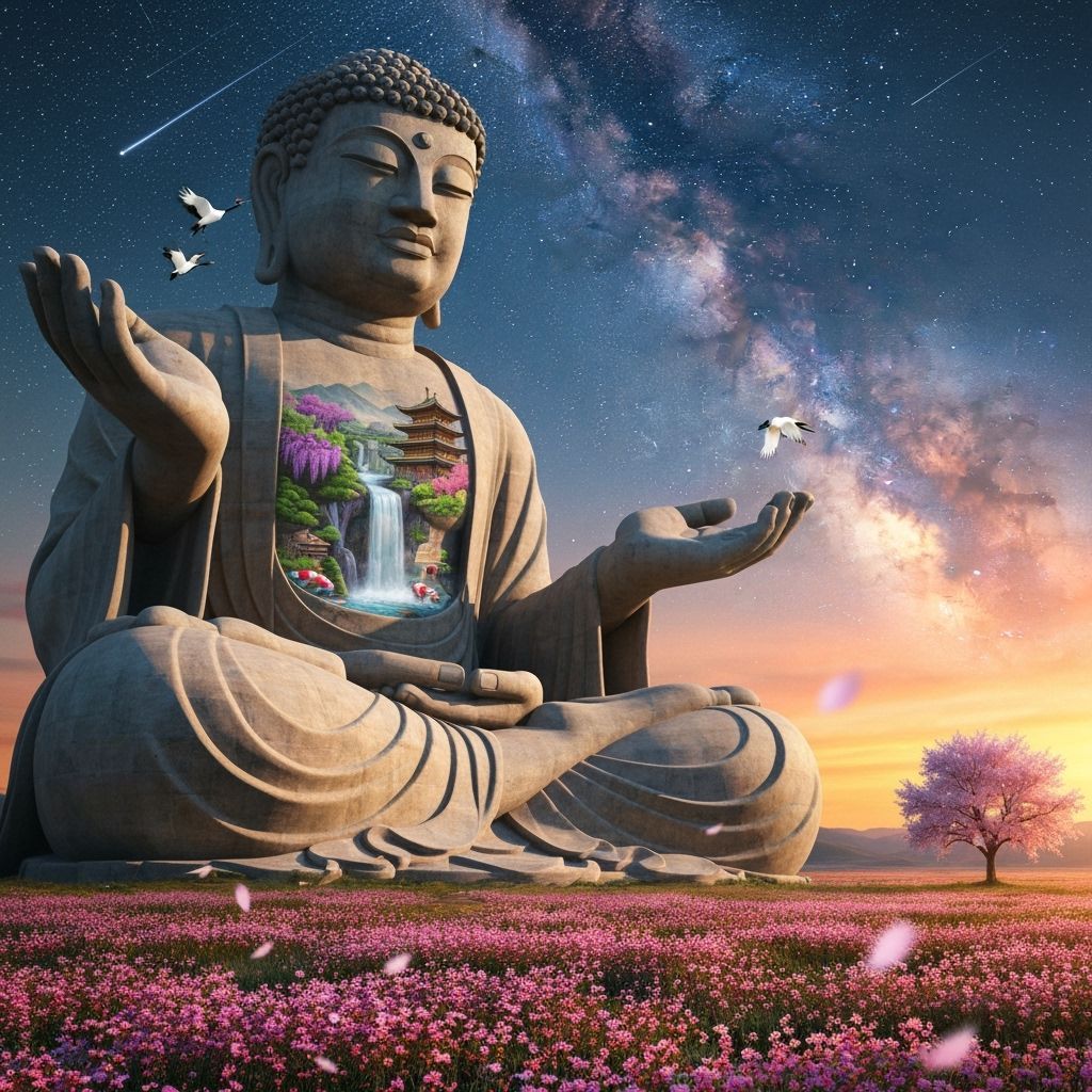 Colossal Stone Buddha at Sunset with Carved Japanese Scene