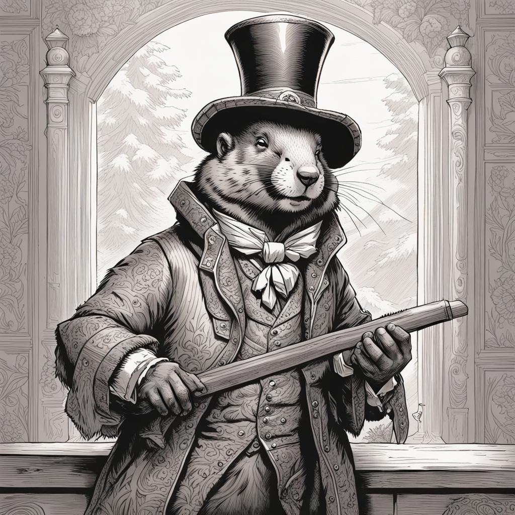 Marmot Carving Marmot in Tenniel Style Drawing